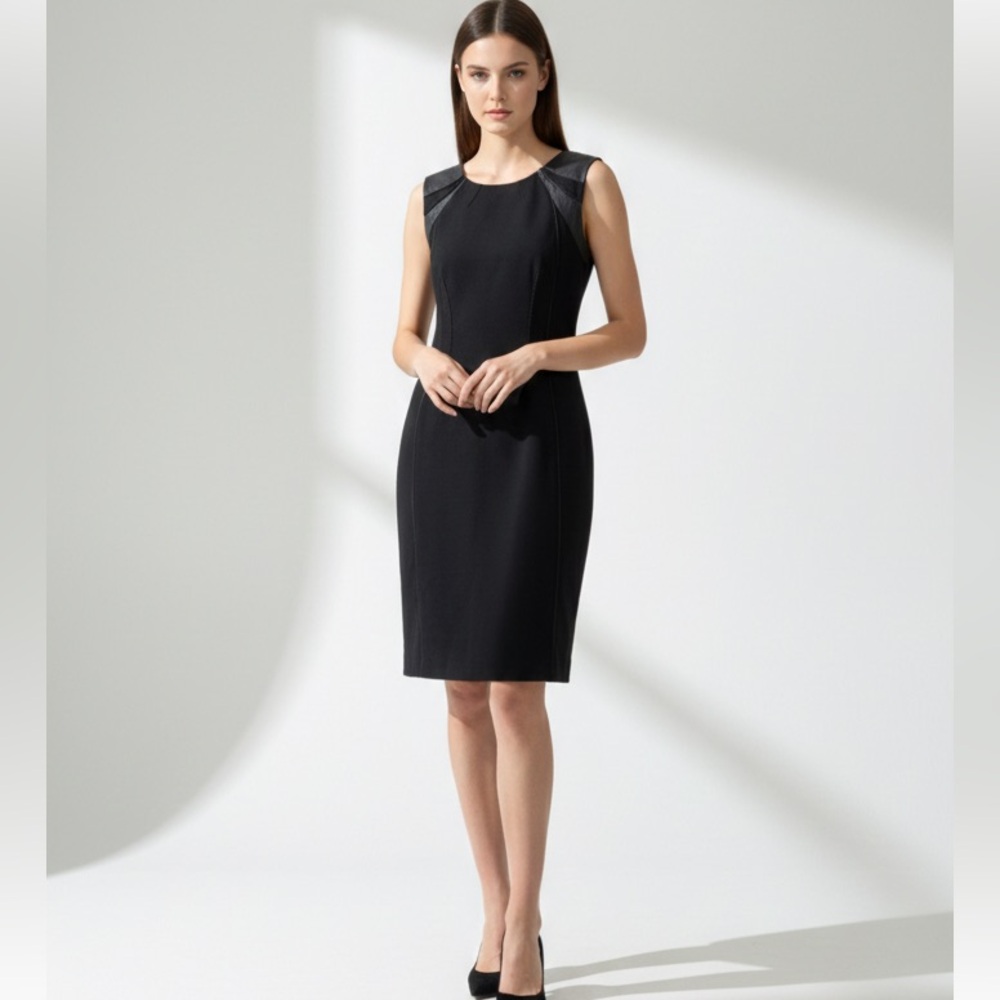 Elie Tahari Black Sleeveless Sheath Dress Womens 10 Faux Leather Trim‎ Office